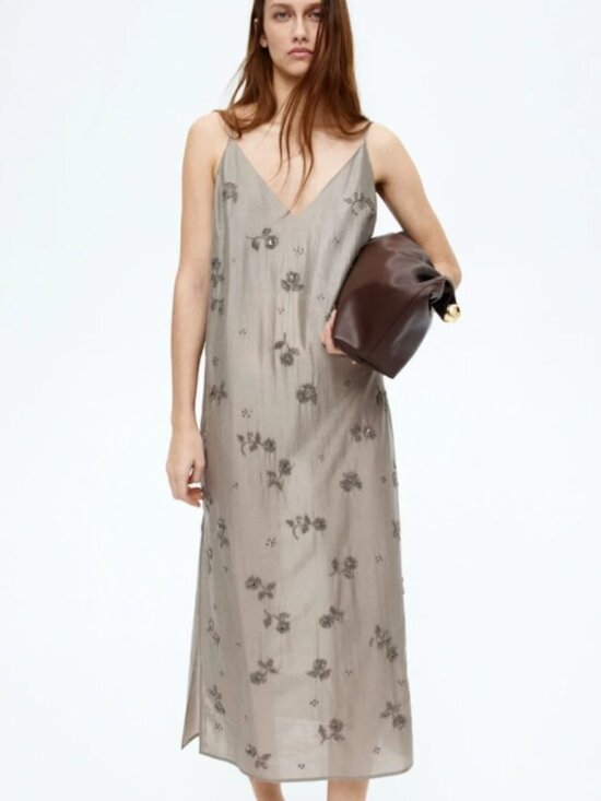 H&M Dresses & Skirts - H&M Edition Beaded Spaghetti Strap Slip Dress in Taupe - Size XS